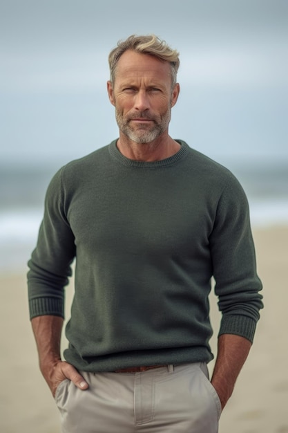 Ein Nahaufnahmefoto eines Mannes mit kakifarbenen Shorts und einem grünen Pullover steht am Strand
