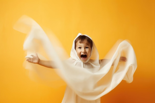 Ein Nahaufnahmefoto mit einem entzückenden Kind, das als Geist verkleidet ist und pure Freude und Glück auf Halloween Generative AI ausstrahlt