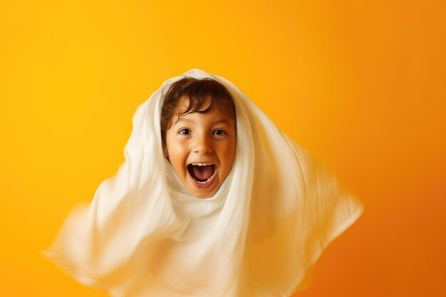 Ein Nahaufnahmefoto mit einem entzückenden Kind, das als Geist verkleidet ist und pure Freude und Glück auf Halloween Generative AI ausstrahlt