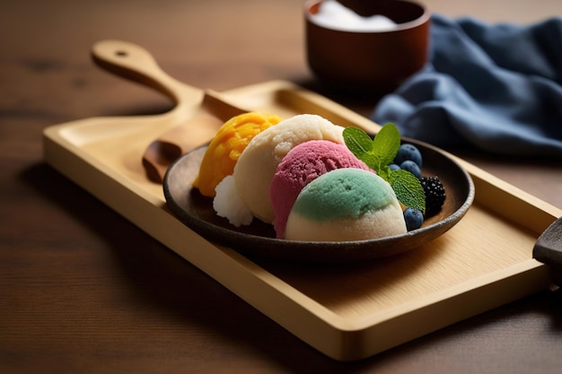 Ein Nahaufnahmefoto mit selektivem Fokus des lebendigen Mochi-Desserts, das mit Eis auf einem Holz serviert wird