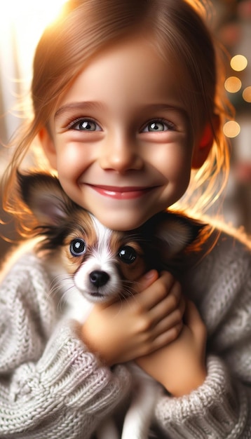 Ein Nahaufnahmeporträt, das ein erfreutes Kind zeigt, dessen Augen vor Glück funkeln und ein kleines Hund in der Hand hält