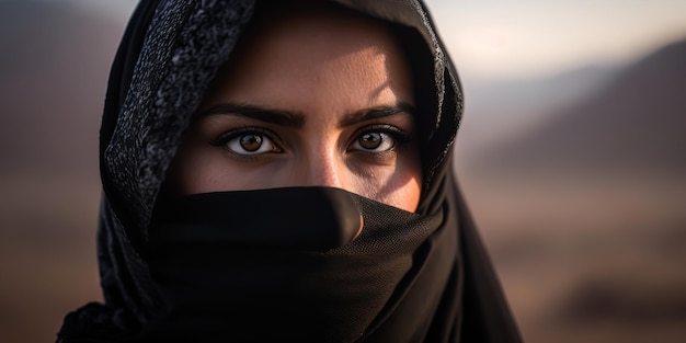 Ein Nahaufnahmeporträt einer Frau aus dem Nahen Osten, die einen schwarzen Niqab-Hijab trägt, mit Bokeh-Bergen im Hintergrund AIGenerated