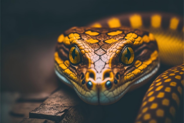 Ein Nahaufnahmeporträt einer gelben Schlange mit Schuppen