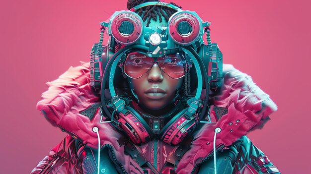 Foto ein nahaufnahmeporträt einer jungen frau, die einen futuristischen helm mit eingebauten kopfhörern trägt. sie schaut mit einem ernsten gesichtsausdruck in die kamera