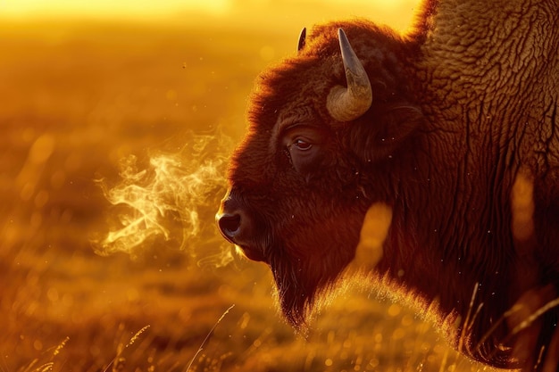 Ein Nahaufnahmeporträt eines majestätischen Bisons in der goldenen Steppe