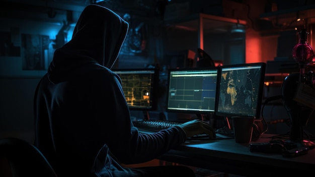 Ein Nahbild-Hacker arbeitet im dunklen Raum