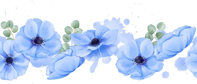 Ein nahtloser Rand mit zarten blauen Anemonen und Eukalyptusblättern Aquarellillustration für