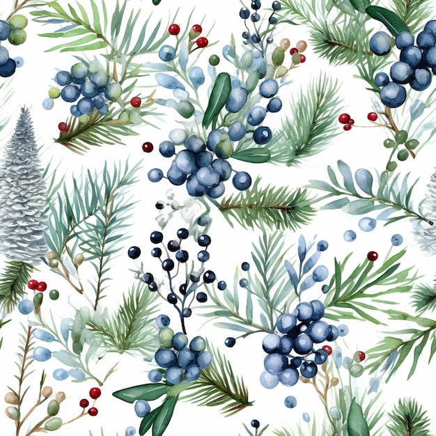 ein nahtloses Aquarell-Weihnachtsmuster mit generativem Immergrün und Beeren