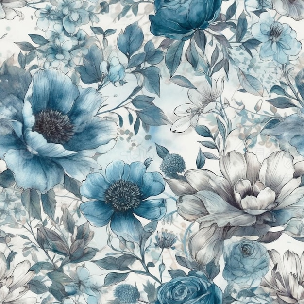 Ein nahtloses Blumenmuster mit blauen Blumen und Rosen.