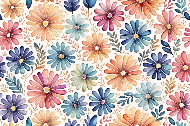 Ein nahtloses, farbenfrohes Aquarell-Blumenmuster mit generativer KI auf weißem Hintergrund