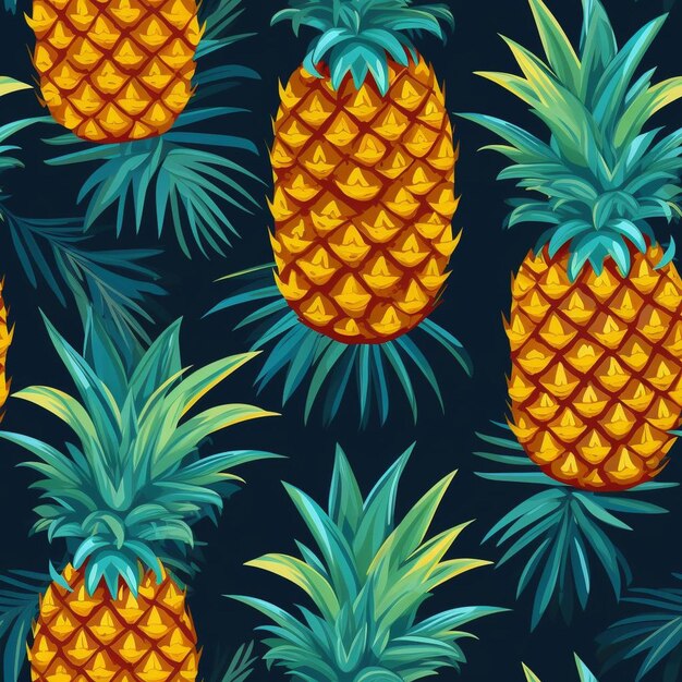 Ein nahtloses Muster aus Ananas auf dunklem Hintergrund.