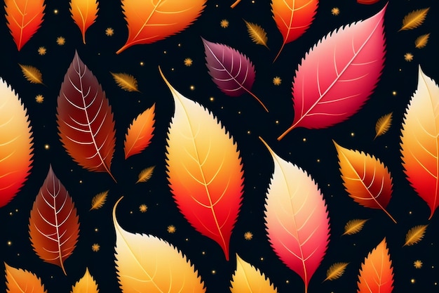 Ein nahtloses Muster aus bunten Blättern auf schwarzem Hintergrund.
