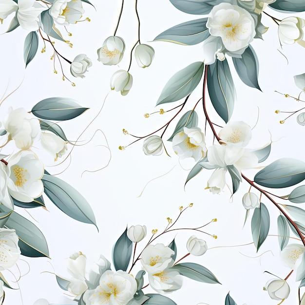 ein nahtloses Muster aus Eukalyptusblumen und -zweigen im Stil von Weiß und Aquamarin