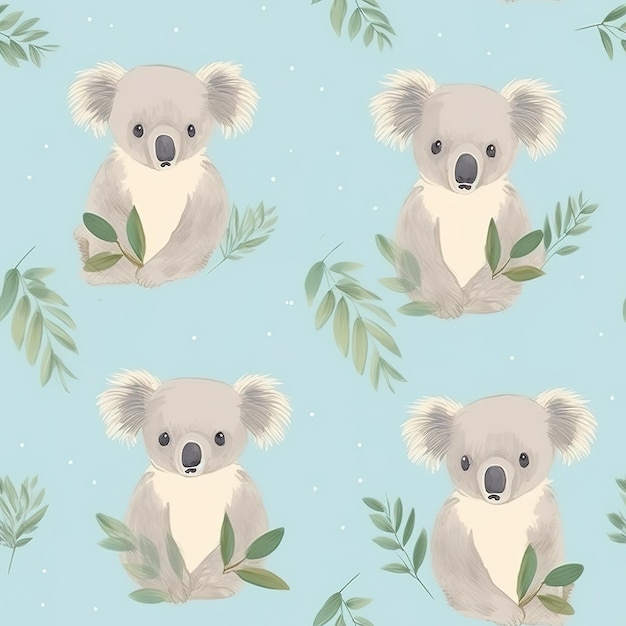 Ein nahtloses Muster aus Koalas auf blauem Hintergrund mit Blättern.