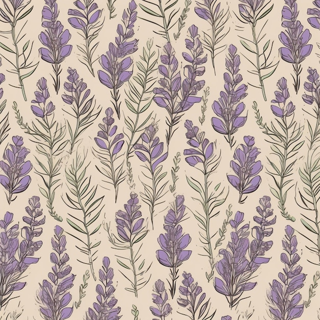 Ein nahtloses Muster aus Lavendelblüten auf beigem Hintergrund.