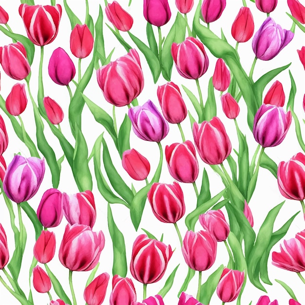 Ein nahtloses Muster aus roten und violetten Tulpen mit grünen Stielen und den Worten Tulpen auf der Unterseite