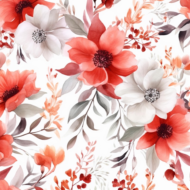 Ein nahtloses Muster aus roten und weißen Blüten mit Blättern und Blüten.