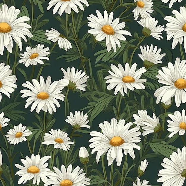 Ein nahtloses Muster aus weißen Gänseblümchen auf dunkelgrünem Hintergrund.