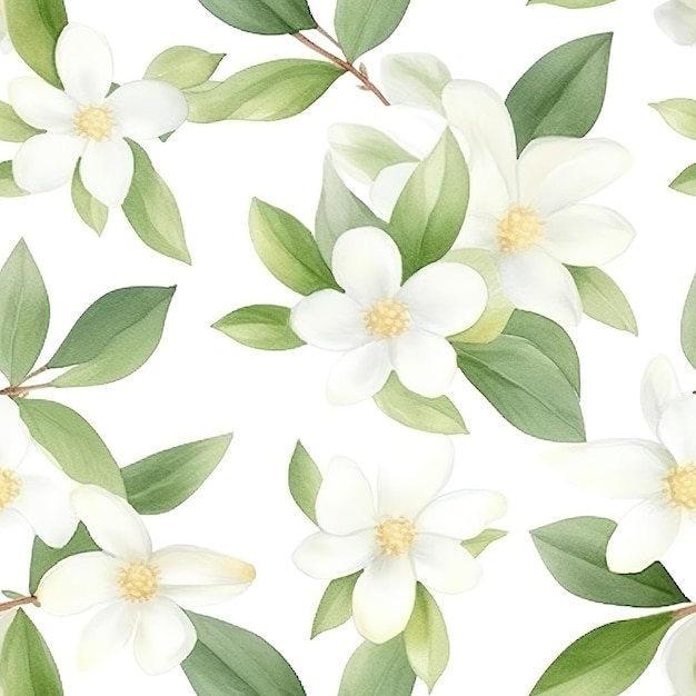 Ein nahtloses Muster aus weißen Magnolienblüten auf weißem Hintergrund.