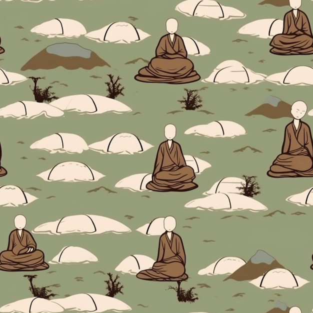 ein nahtloses Muster eines Mönchs, der in Meditationsposition sitzt, generative KI