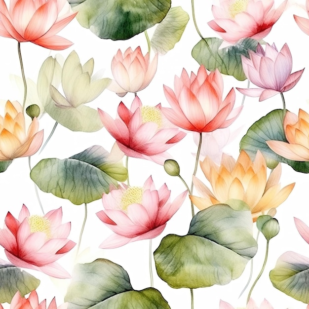 Ein nahtloses Muster mit Aquarell-Lotusblumen auf weißem Hintergrund.