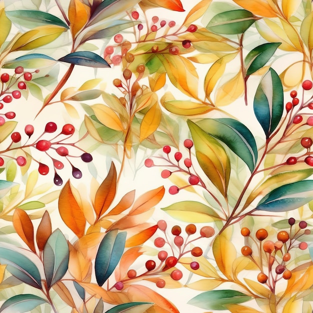 Ein nahtloses Muster mit Aquarellblättern und Beeren.