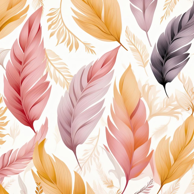 ein nahtloses Muster mit Blättern in Pastellfarben im Stil der Aufmerksamkeit auf Fell und Federn