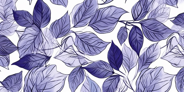 Ein nahtloses Muster mit blauen Blättern auf weißem Hintergrund.