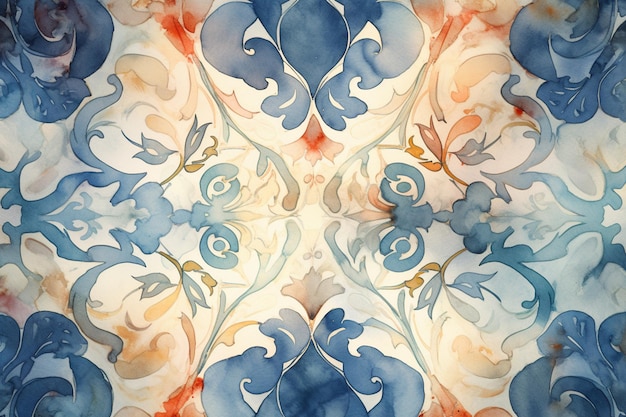 Ein nahtloses Muster mit blauen Blumen und Blättern.