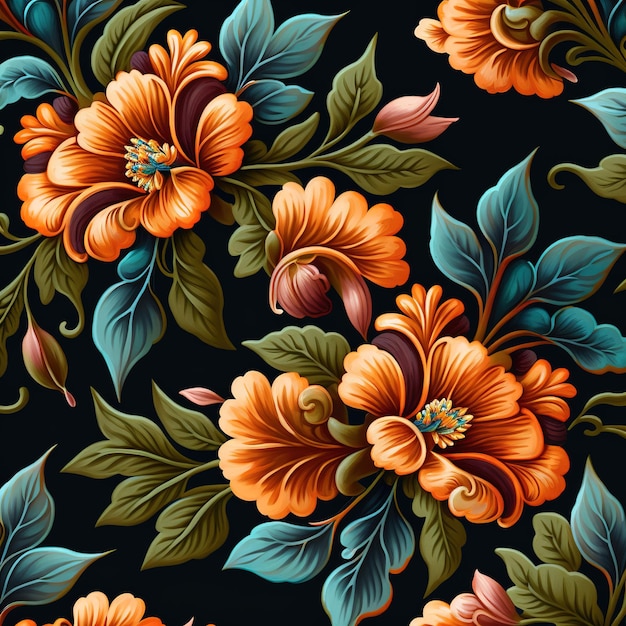Ein nahtloses Muster mit Blumen auf schwarzem Hintergrund.