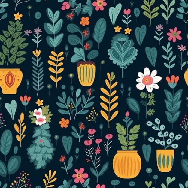 Ein nahtloses Muster mit Blumen und Pflanzen.