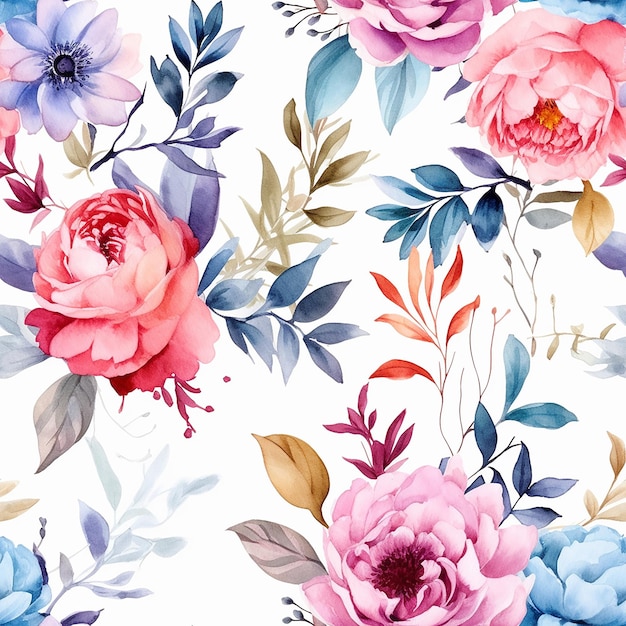 Ein nahtloses Muster mit bunten Blumen auf weißem Hintergrund