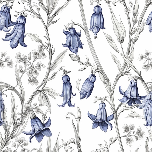 Ein nahtloses Muster mit Glockenblumen auf weißem Hintergrund.