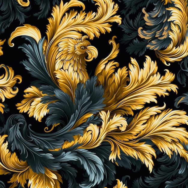 Ein nahtloses Muster mit goldenen und blauen Blättern und Blumen.
