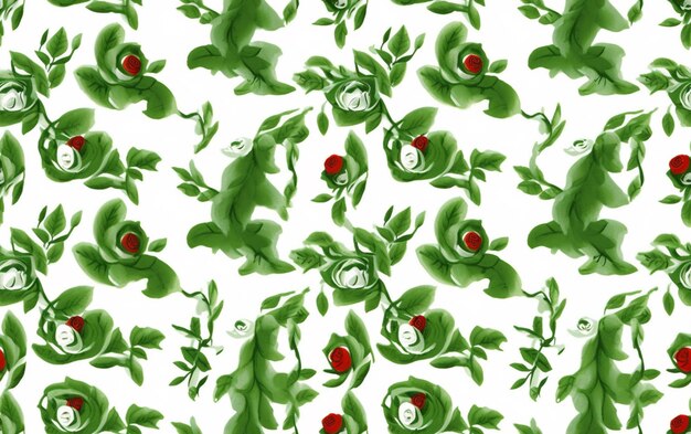 Ein nahtloses Muster mit grünen Blättern und Blumen.