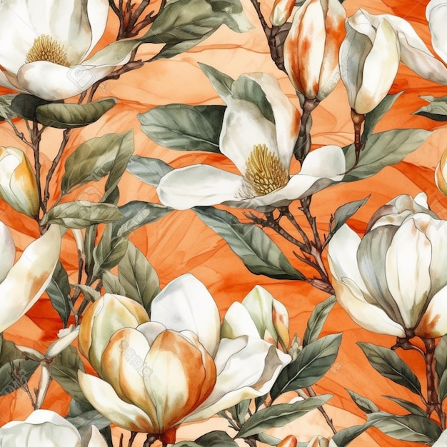 Ein nahtloses Muster mit Magnolienblüten auf orangefarbenem Hintergrund.