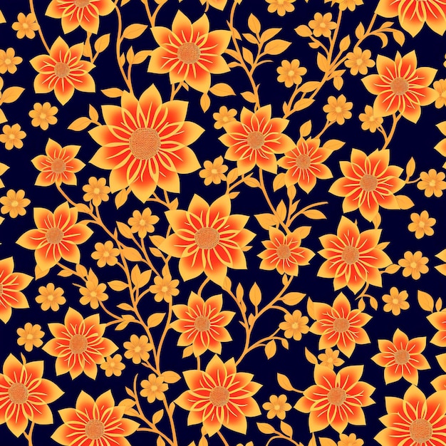 Ein nahtloses Muster mit orangefarbenen Blumen auf dunkelblauem Hintergrund.