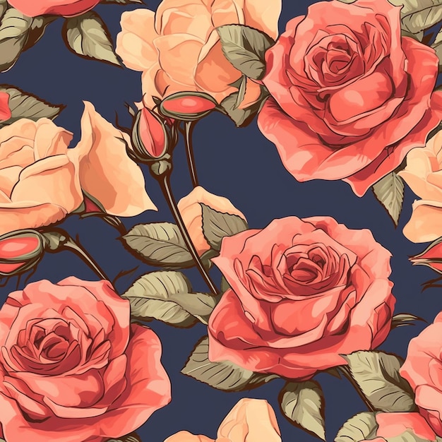 Ein nahtloses Muster mit Rosen auf blauem Hintergrund.