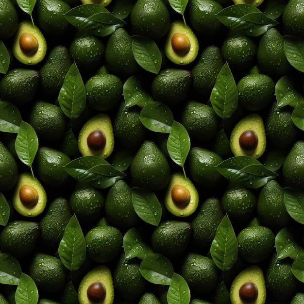 Ein nahtloses Muster mit saftigen Avocados und Wassertropfen