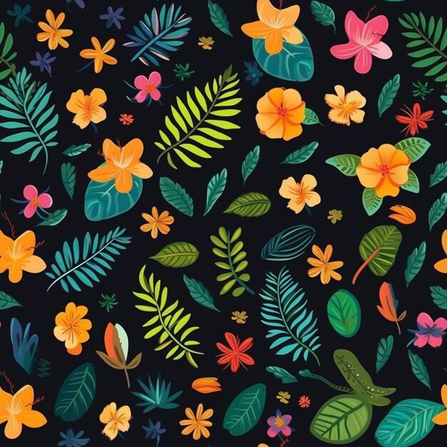 Ein nahtloses Muster mit tropischen Blumen und Blättern auf schwarzem Hintergrund.