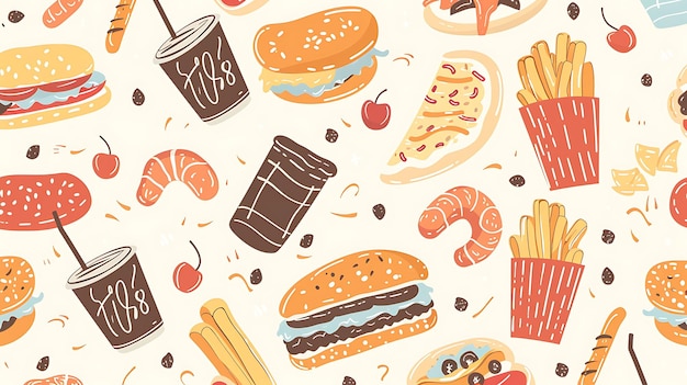 Ein nahtloses Muster verschiedener Fastfood-Artikel, darunter Burger, Pizza, Hotdogs und Pommes Frites