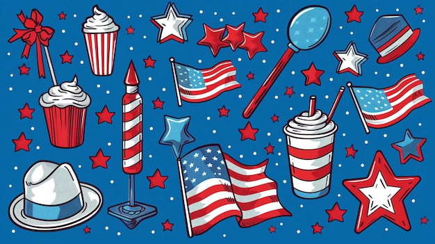 Foto ein nahtloses muster von handgezeichneten illustrationen amerikanischer patriotischer symbole, darunter sterne, streifen, fahnen, hüte, cupcakes und feuerwerk