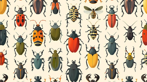 Foto ein nahtloses muster von käfern und käfern ein endloses hintergrunddesign von insekten ein endloser textdruck sommernatur wiederholungsmuster von käfers und käfern eine flache moderne illustration für dekor