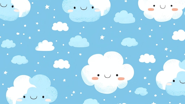Ein nahtloses Muster von niedlichen und glücklichen Wolken, die an einem blauen Himmel schwimmen. Die Wolken sind verschiedene Schattierungen von Blau und Weiß und haben lächelnde Gesichter.