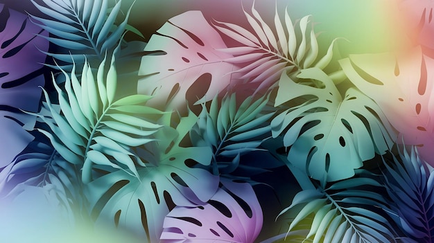 Ein nahtloses tropisches Muster mit Palmmonstera und Farnblättern in einem Gradienten von Pastellfarben, die sich in einen traumhaften weichen Hintergrund vermischen