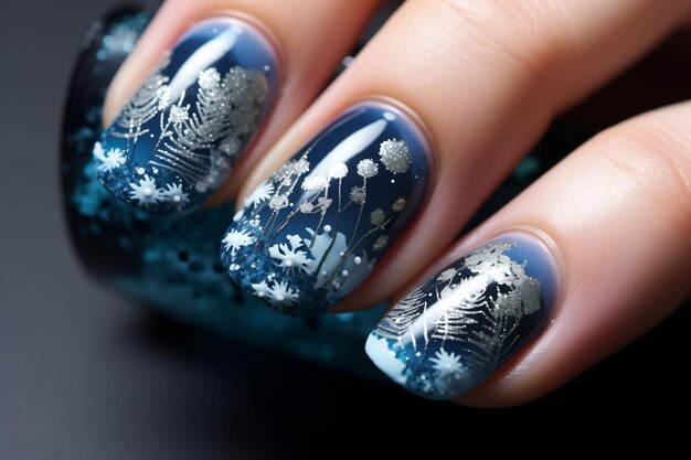 ein Nailart-Design mit Schneeflocken auf der Oberseite