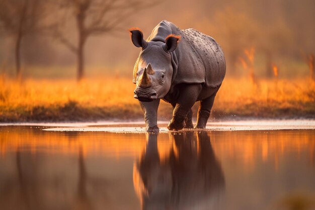 Ein Nashorn im Wasser bei Sonnenuntergang