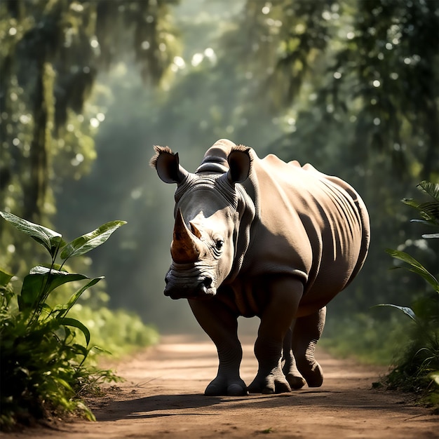 Ein Nashorn mitten im Amazonas-Regenwald, sauberes Bildstudiolicht, Vorderansichtfoto