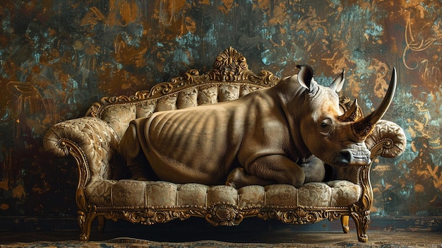 Ein Nashorn sitzt auf einer Couch, trägt eine Krone und sieht sehr entspannt aus