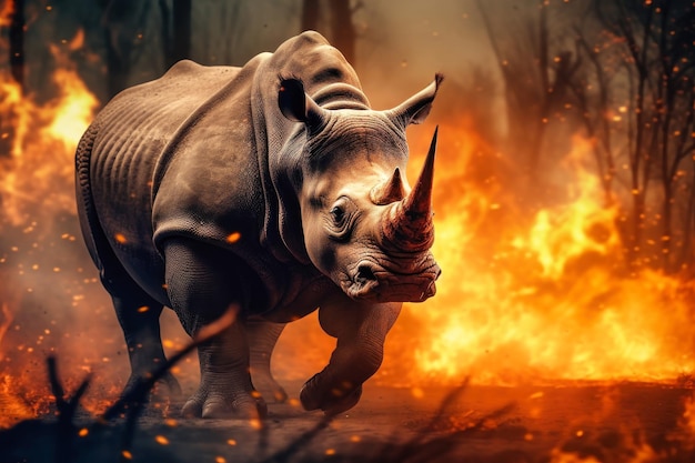 Ein Nashorn steht trotzig vor einem tobenden Waldbrand und symbolisiert den Kampf der Wildtiere gegen Umweltkatastrophen